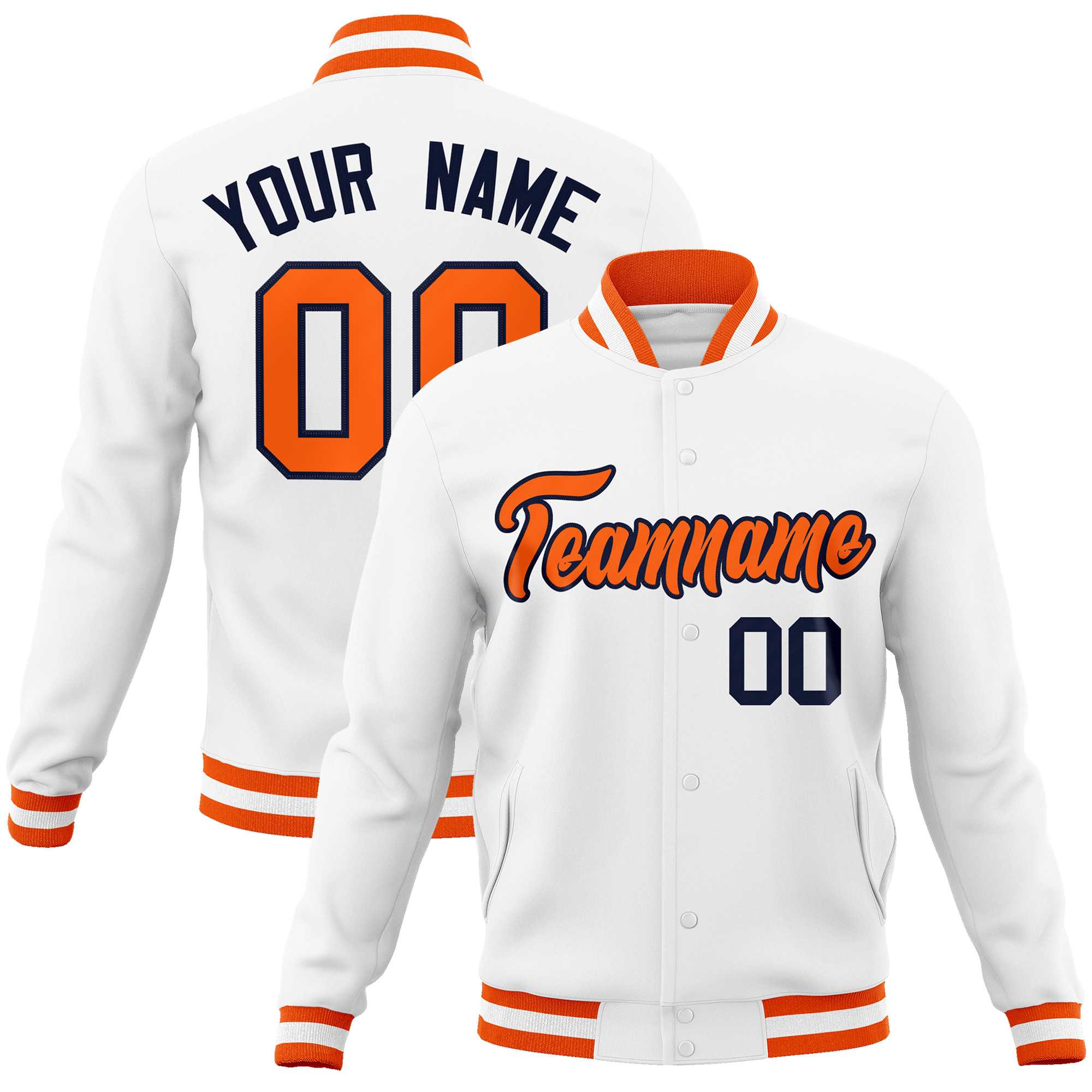 Custom White Orange-Navy Classic Style Varsity Full-Snap Letterman Jacket