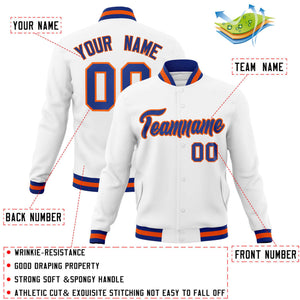 Custom White Royal-Orange Classic Style Varsity Full-Snap Letterman Jacket