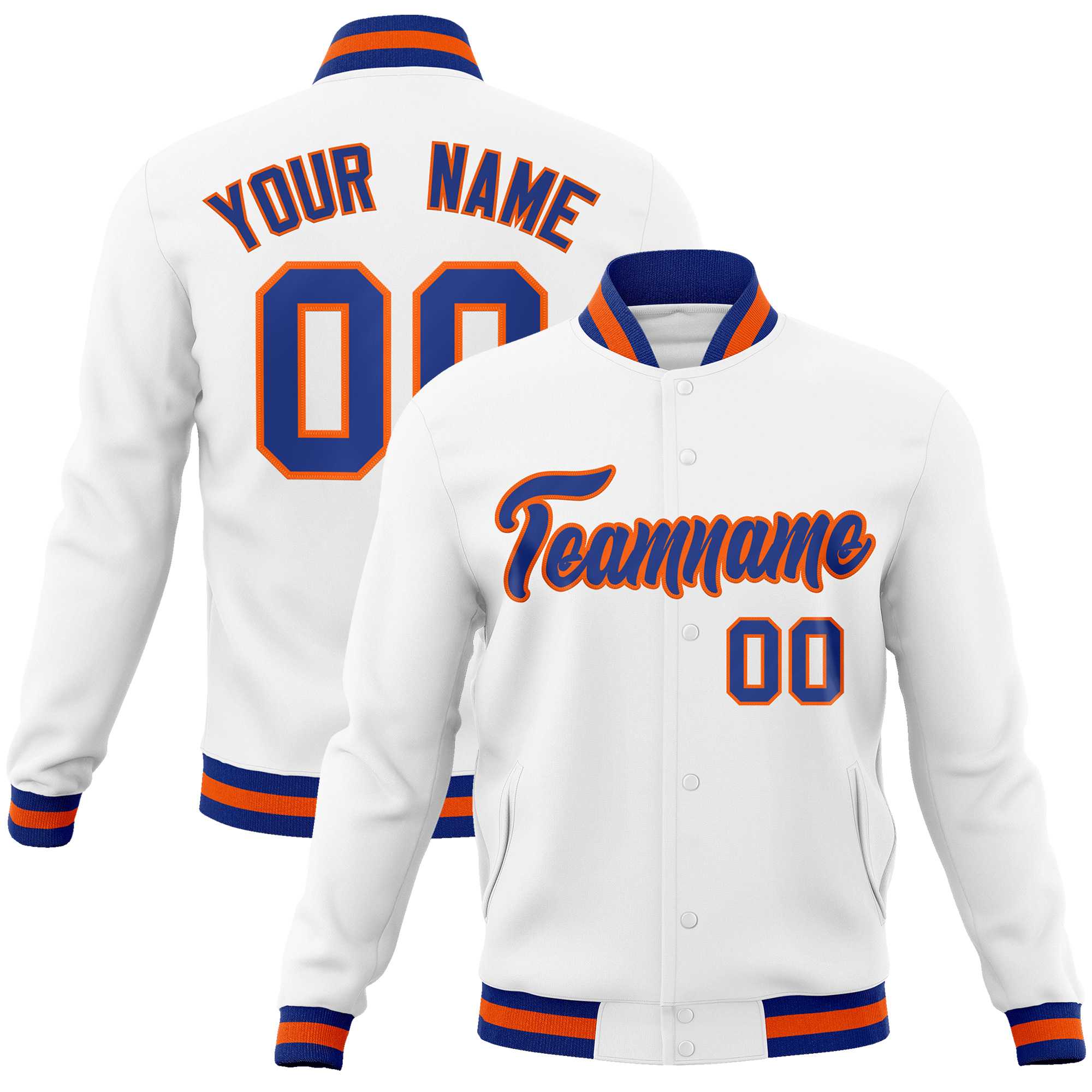 Custom White Royal-Orange Classic Style Varsity Full-Snap Letterman Jacket