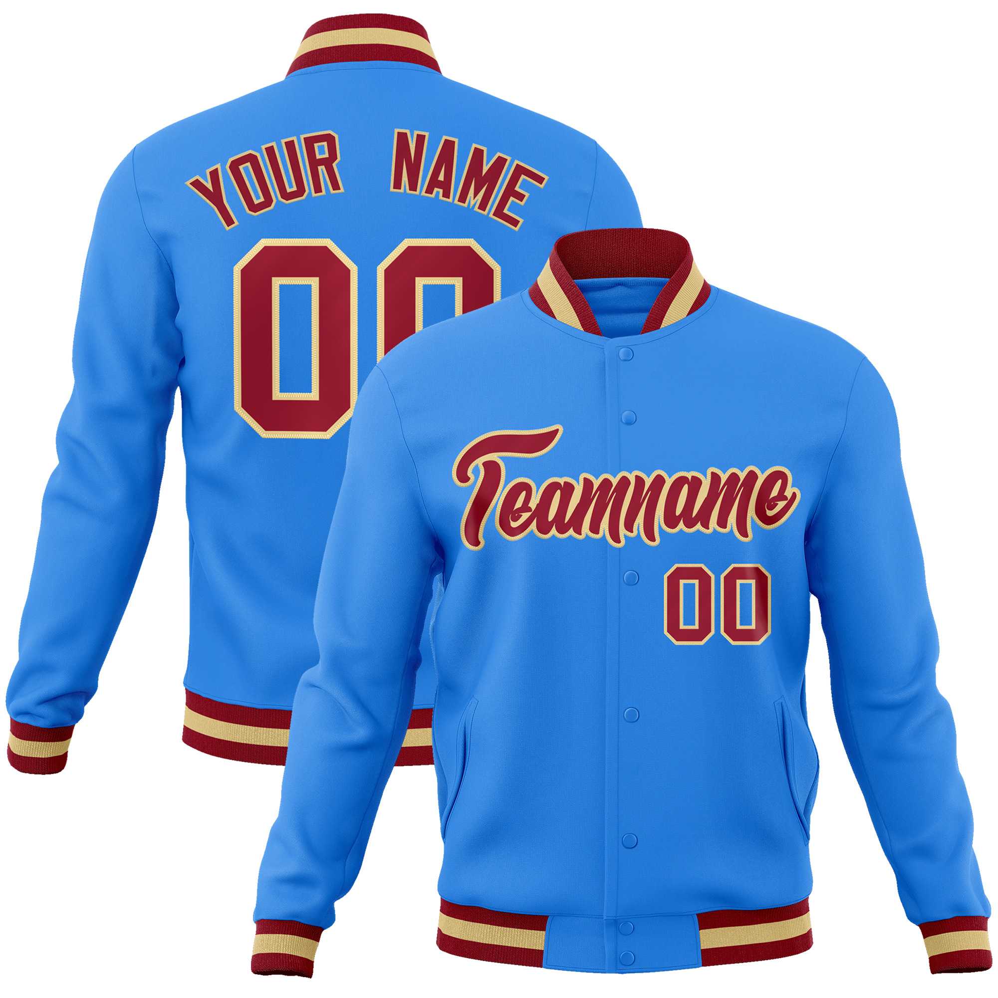 Custom Powder Blue Crimson-Khaki Classic Style Varsity Full-Snap Letterman Jacket