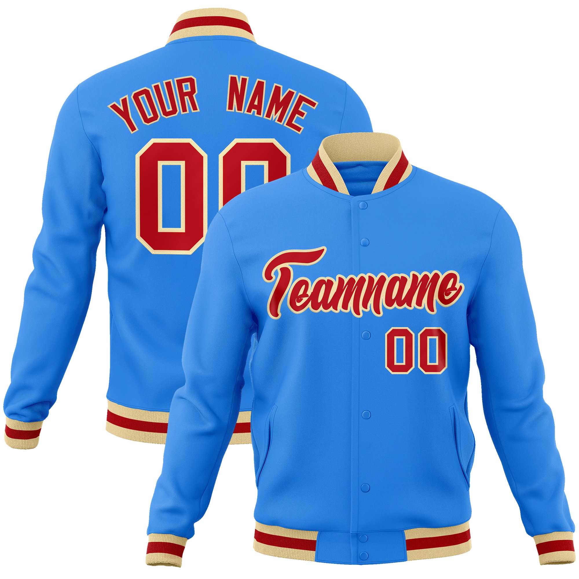 Custom Powder Blue Red-Khaki Classic Style Varsity Full-Snap Letterman Jacket