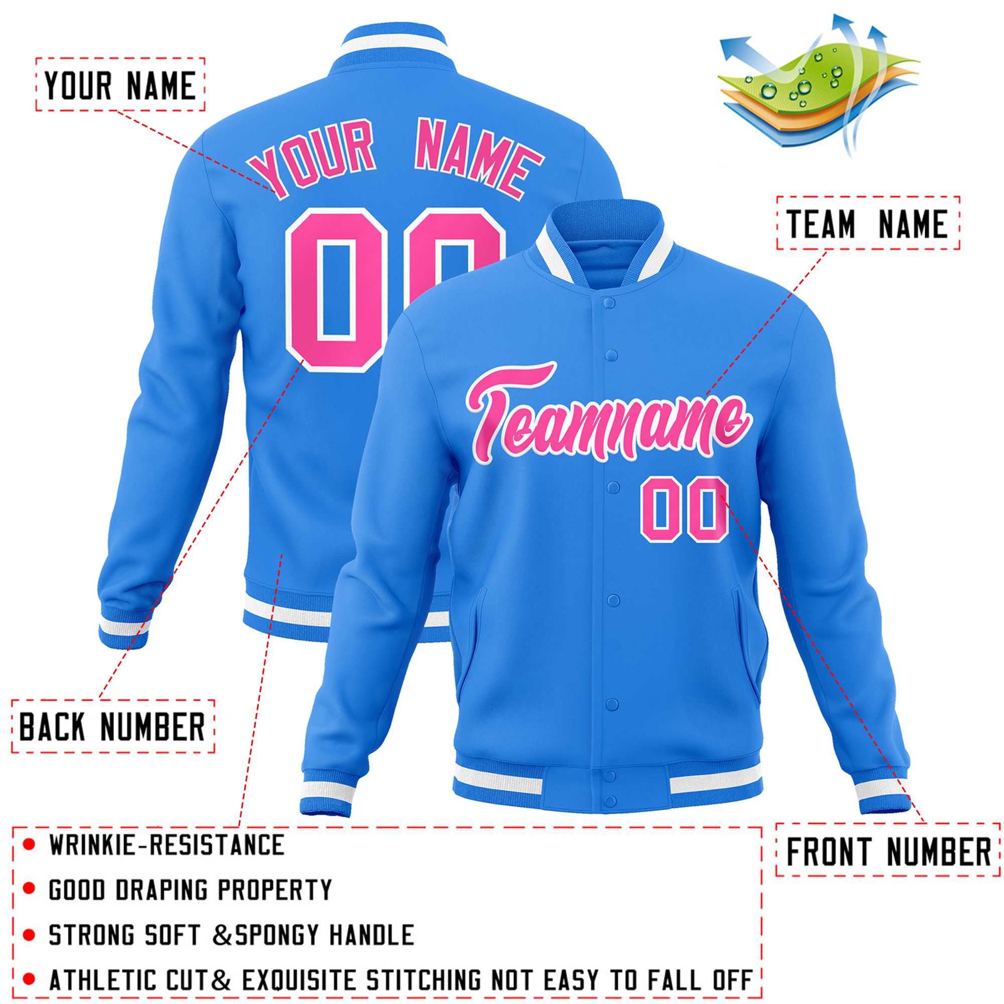 Custom Powder Blue Pink-White Classic Style Varsity Full-Snap Letterman Jacket