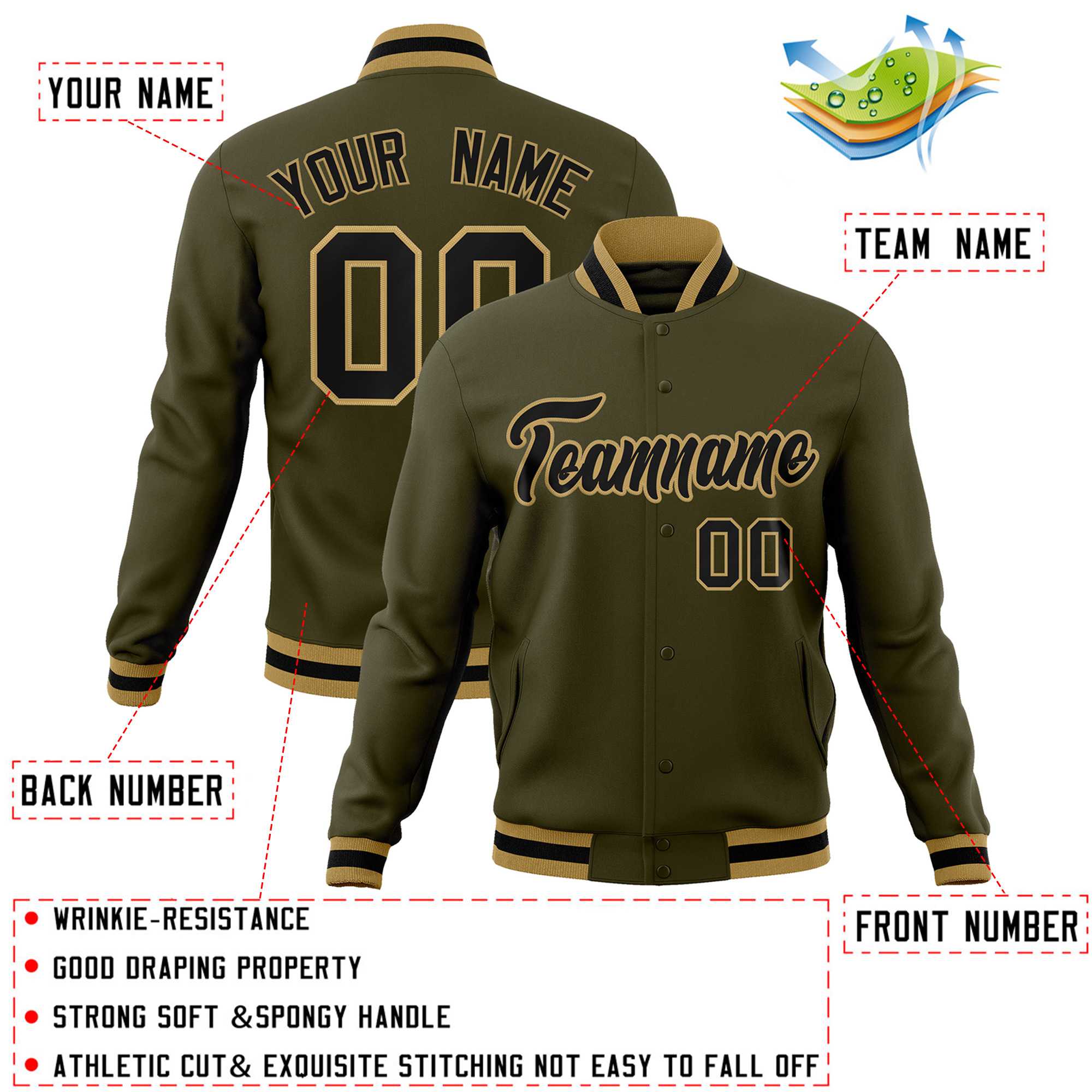 Custom Olive Black-Old Gold Classic Style Varsity Full-Snap Letterman Jacket