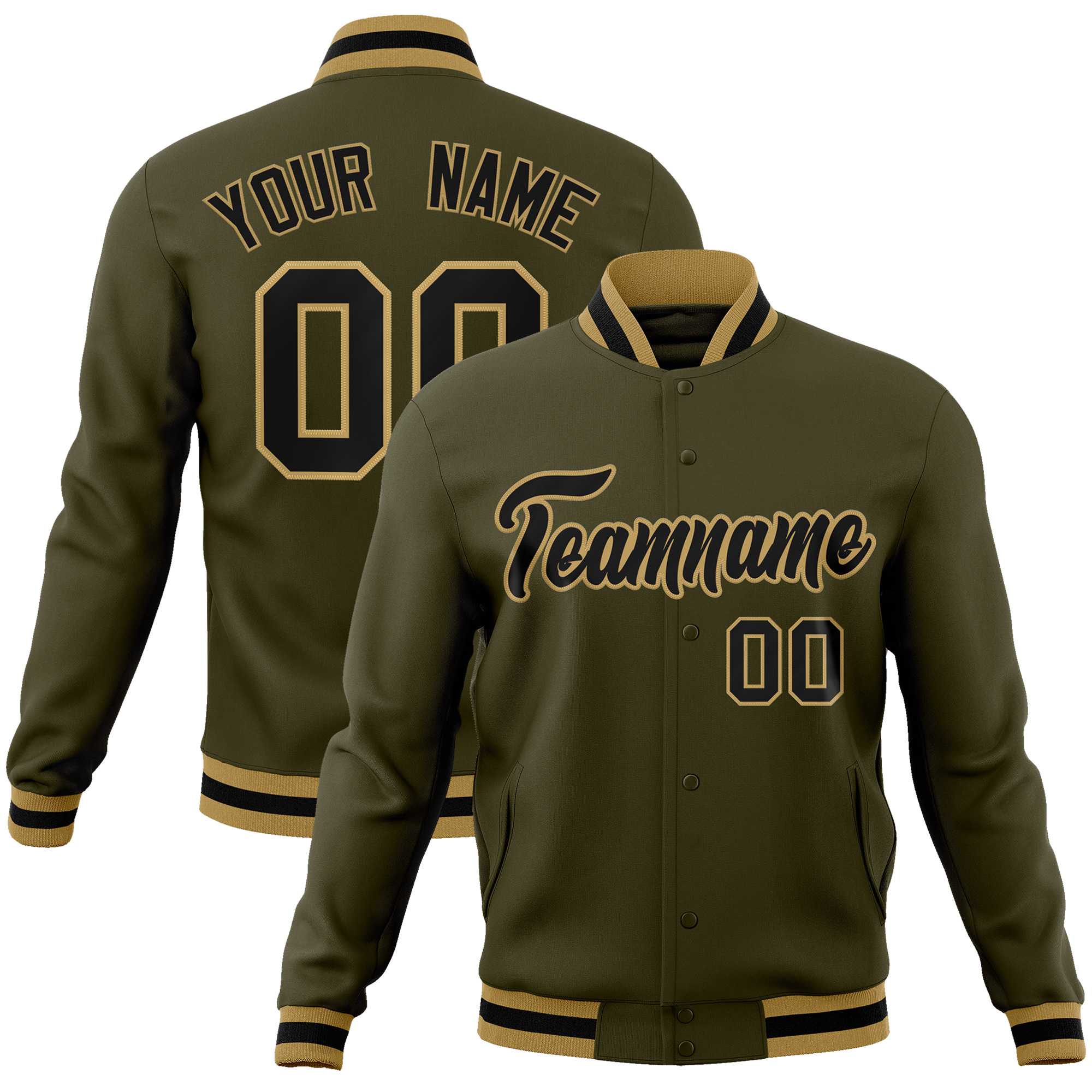 Custom Olive Black-Old Gold Classic Style Varsity Full-Snap Letterman Jacket