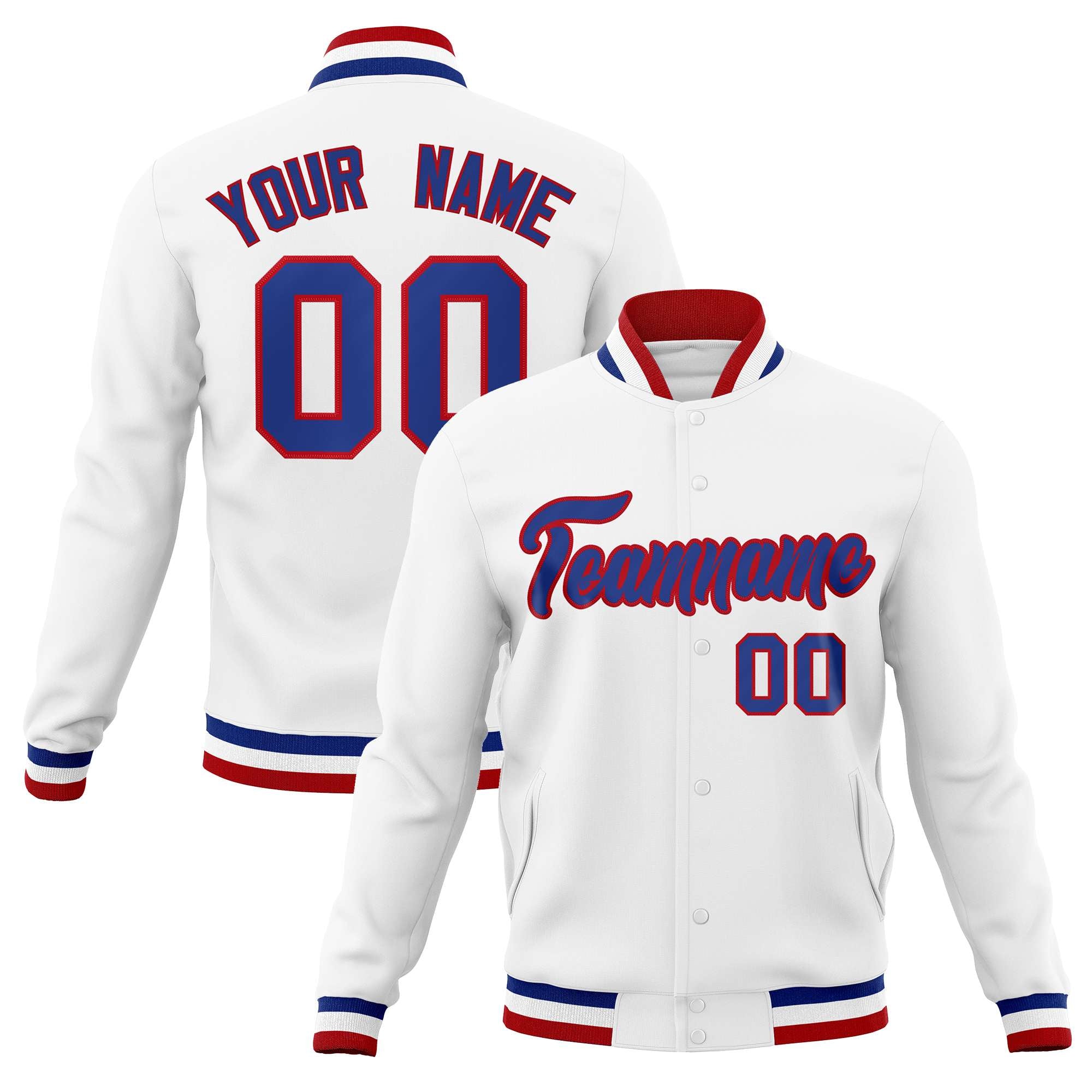 Custom White Royal-Red Classic Style Varsity Full-Snap Letterman Jacket