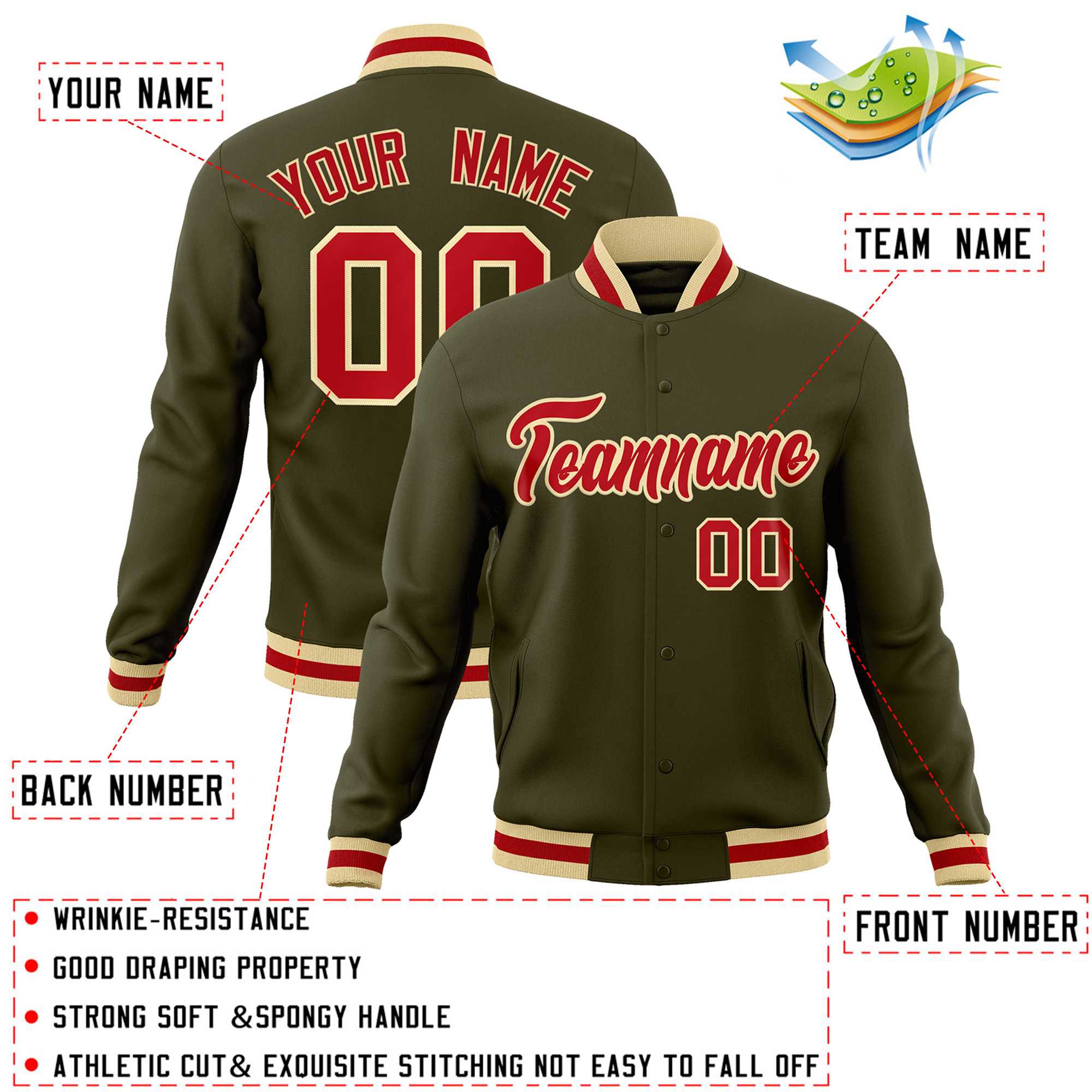 Custom Olive Red-Khaki Classic Style Varsity Full-Snap Letterman Jacket