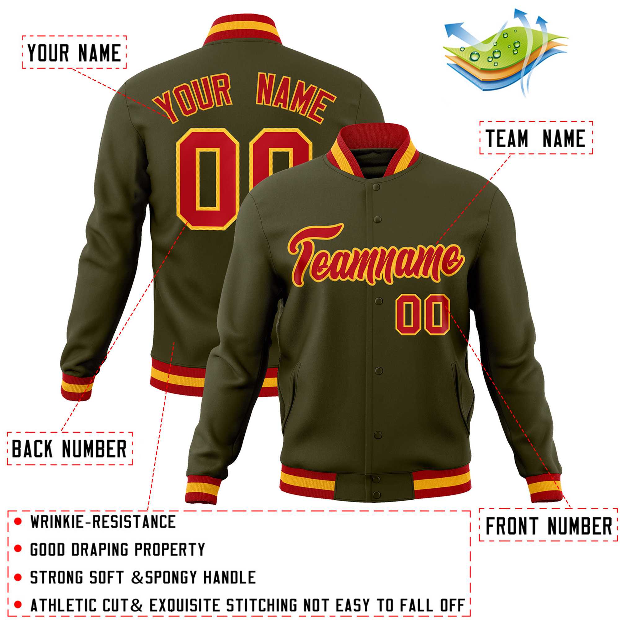 Custom Olive Red-Gold Classic Style Varsity Full-Snap Letterman Jacket