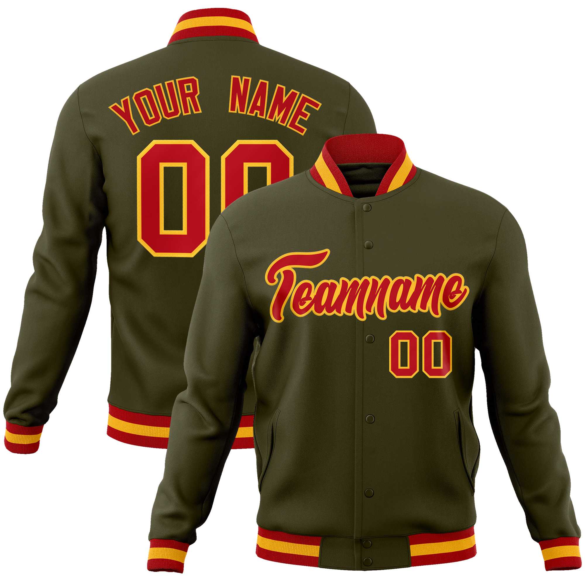 Custom Olive Red-Gold Classic Style Varsity Full-Snap Letterman Jacket