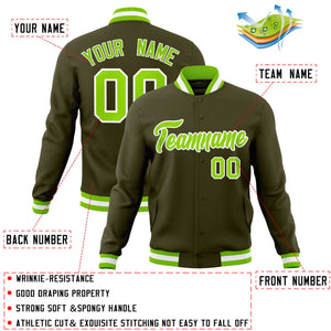 Custom Olive Neon Green-White Classic Style Varsity Full-Snap Letterman Jacket