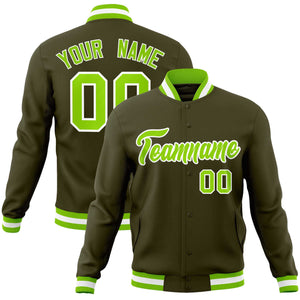 Custom Olive Neon Green-White Classic Style Varsity Full-Snap Letterman Jacket