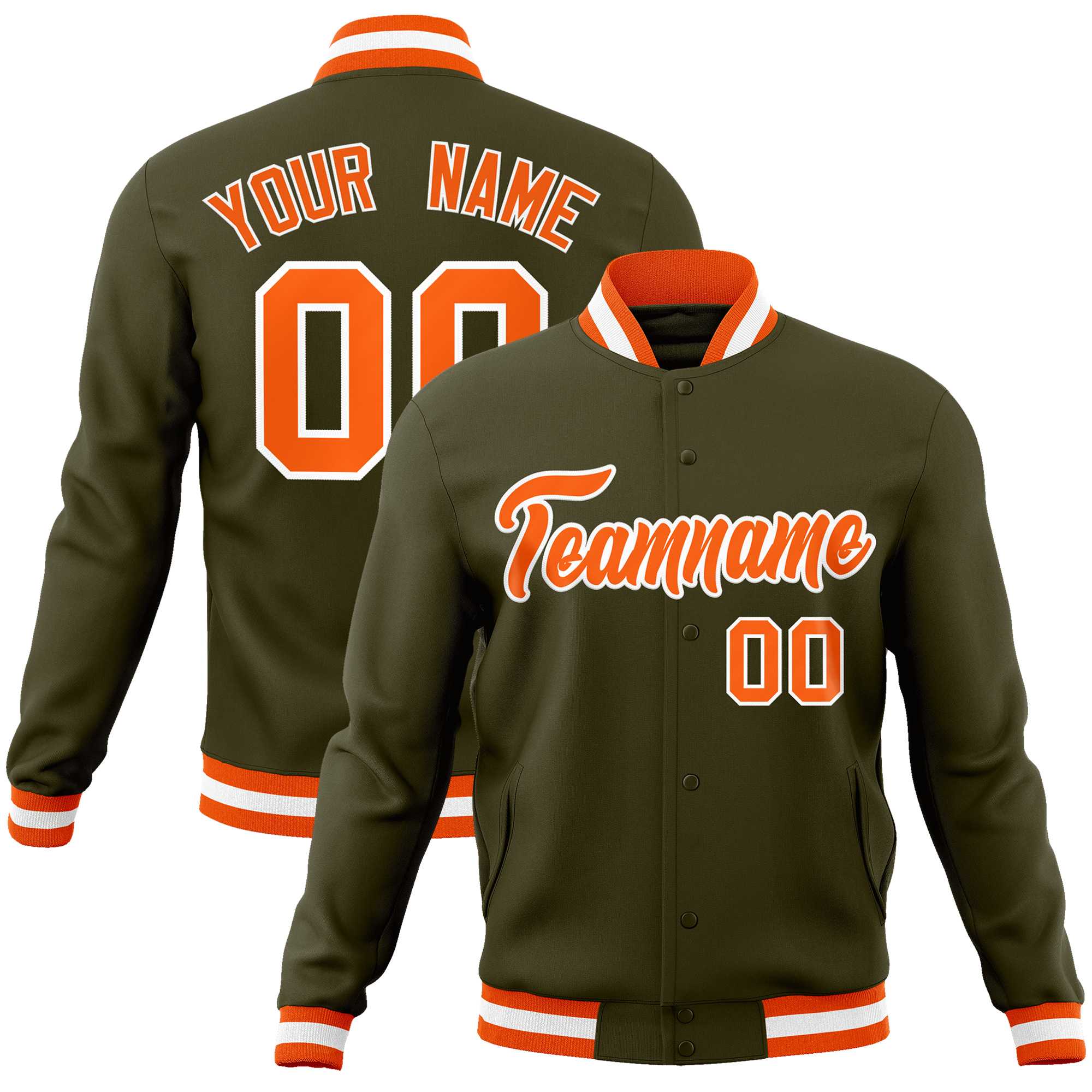 Custom Olive Orange-White Classic Style Varsity Full-Snap Letterman Jacket