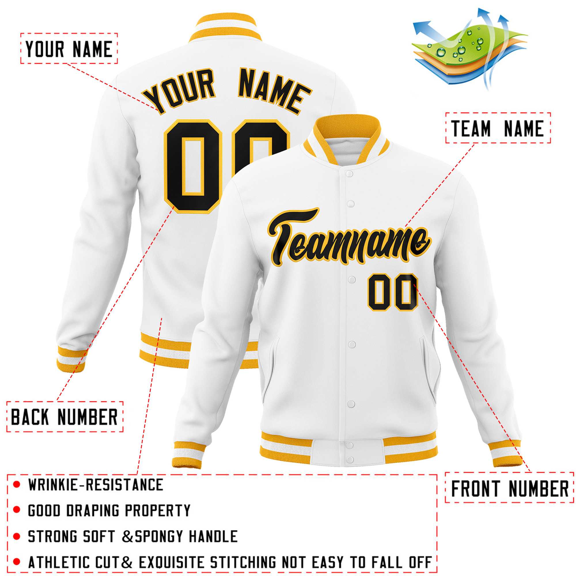 Custom White Black-Gold Classic Style Varsity Full-Snap Letterman Jacket