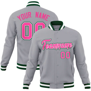 Custom Gray Pink-White Green Classic Style Varsity Full-Snap Letterman Jacket