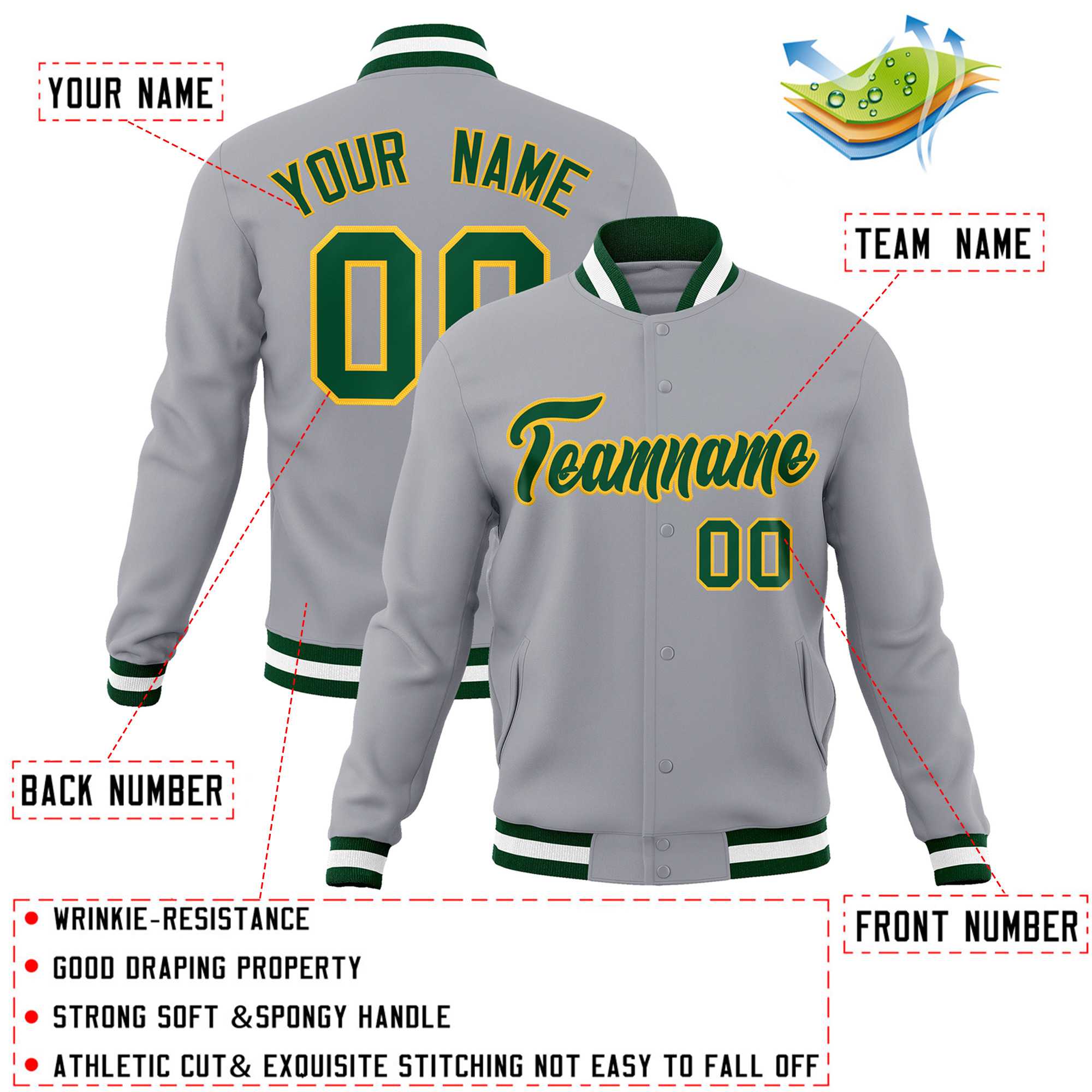 Custom Gray Green-Gold Classic Style Varsity Full-Snap Letterman Jacket