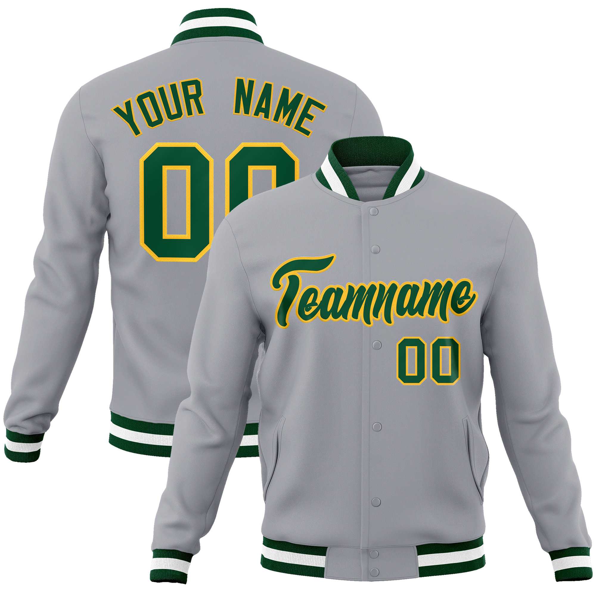 Custom Gray Green-Gold Classic Style Varsity Full-Snap Letterman Jacket