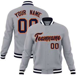 Custom Gray Navy-Orange Classic Style Varsity Full-Snap Letterman Jacket