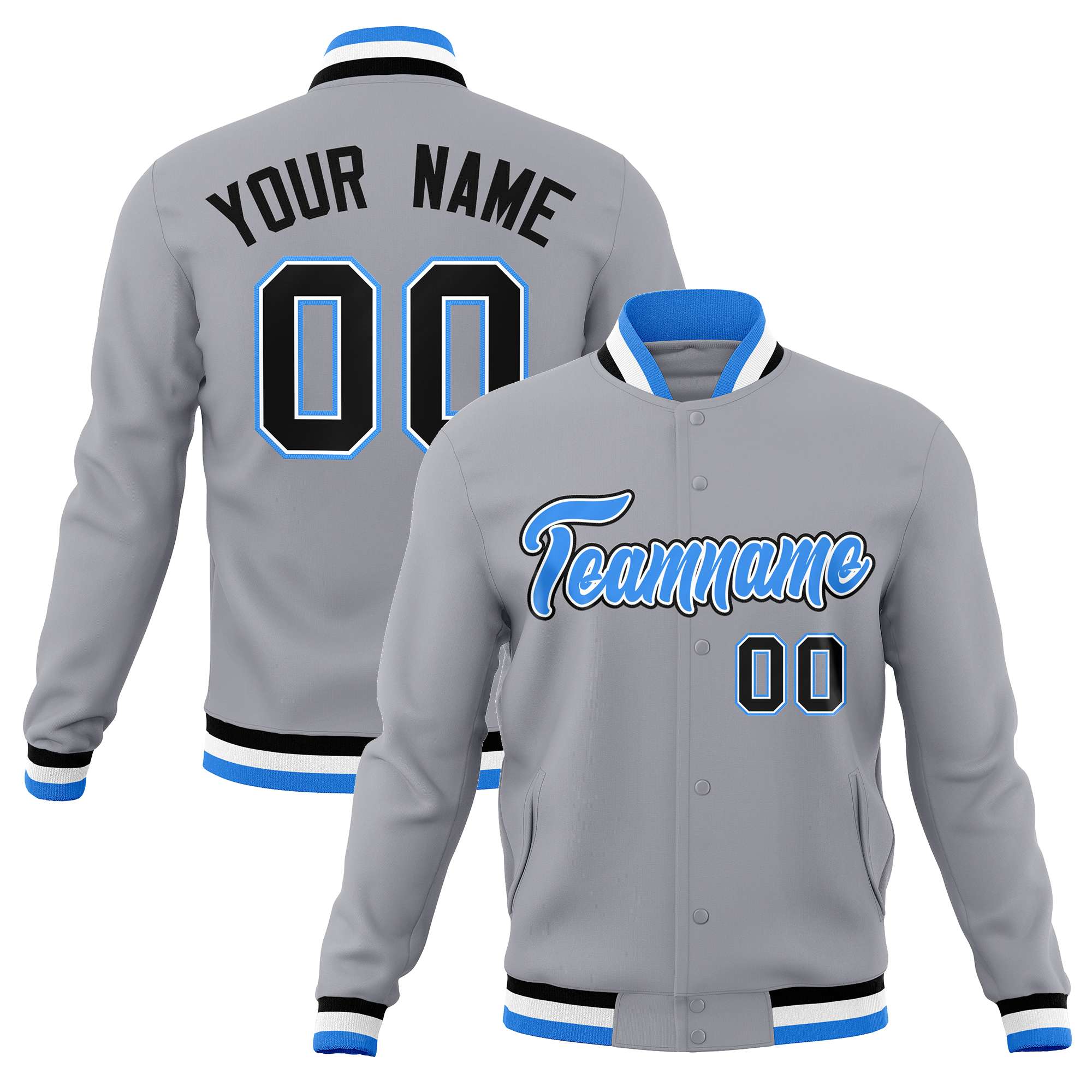 Custom Gray Powder Blue-Black Classic Style Varsity Full-Snap Letterman Jacket