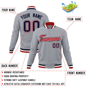 Custom Gray Red-Navy Classic Style Varsity Full-Snap Letterman Jacket