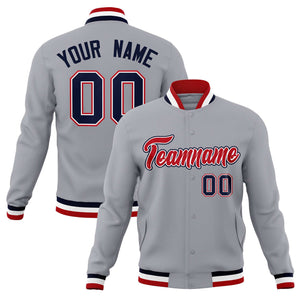 Custom Gray Red-Navy Classic Style Varsity Full-Snap Letterman Jacket