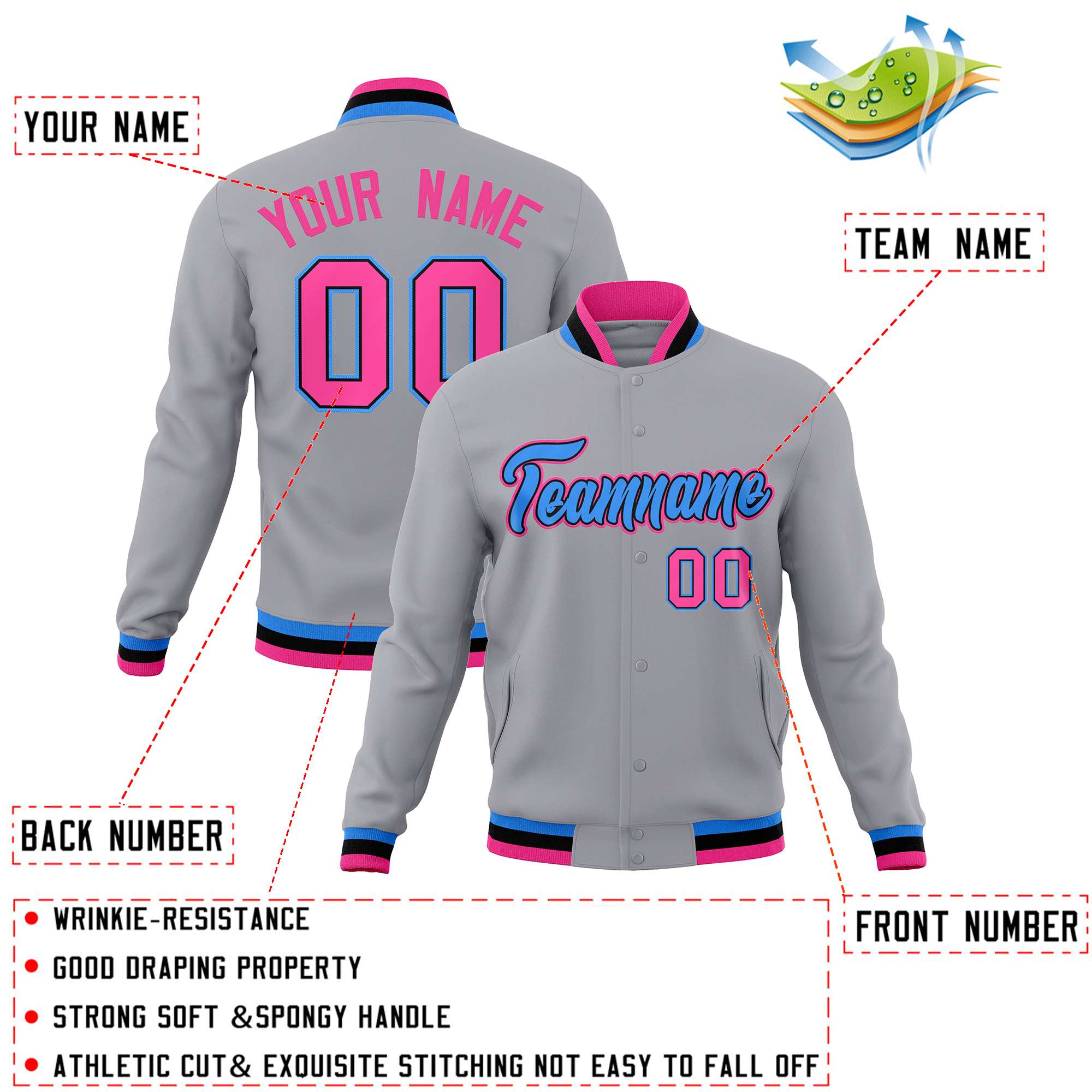 Custom Gray Powder Blue-Pink Classic Style Varsity Full-Snap Letterman Jacket