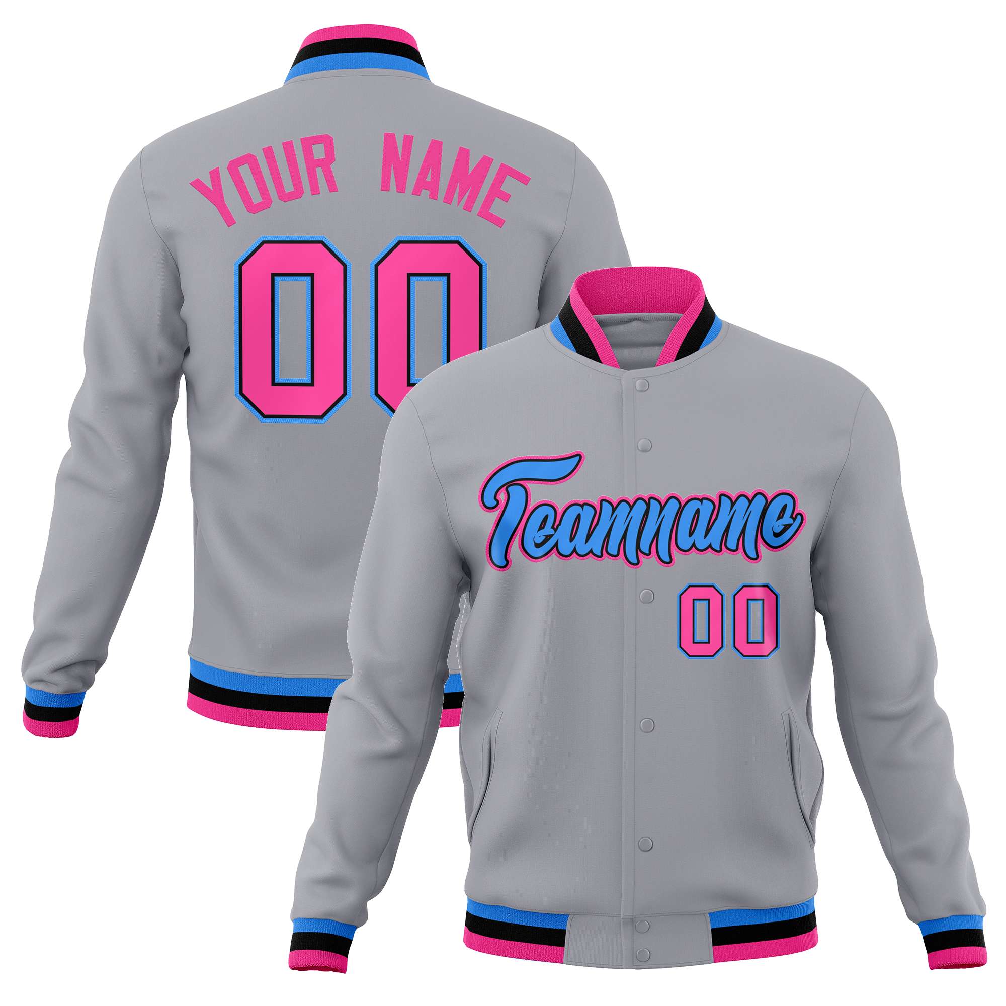 Custom Gray Powder Blue-Pink Classic Style Varsity Full-Snap Letterman Jacket