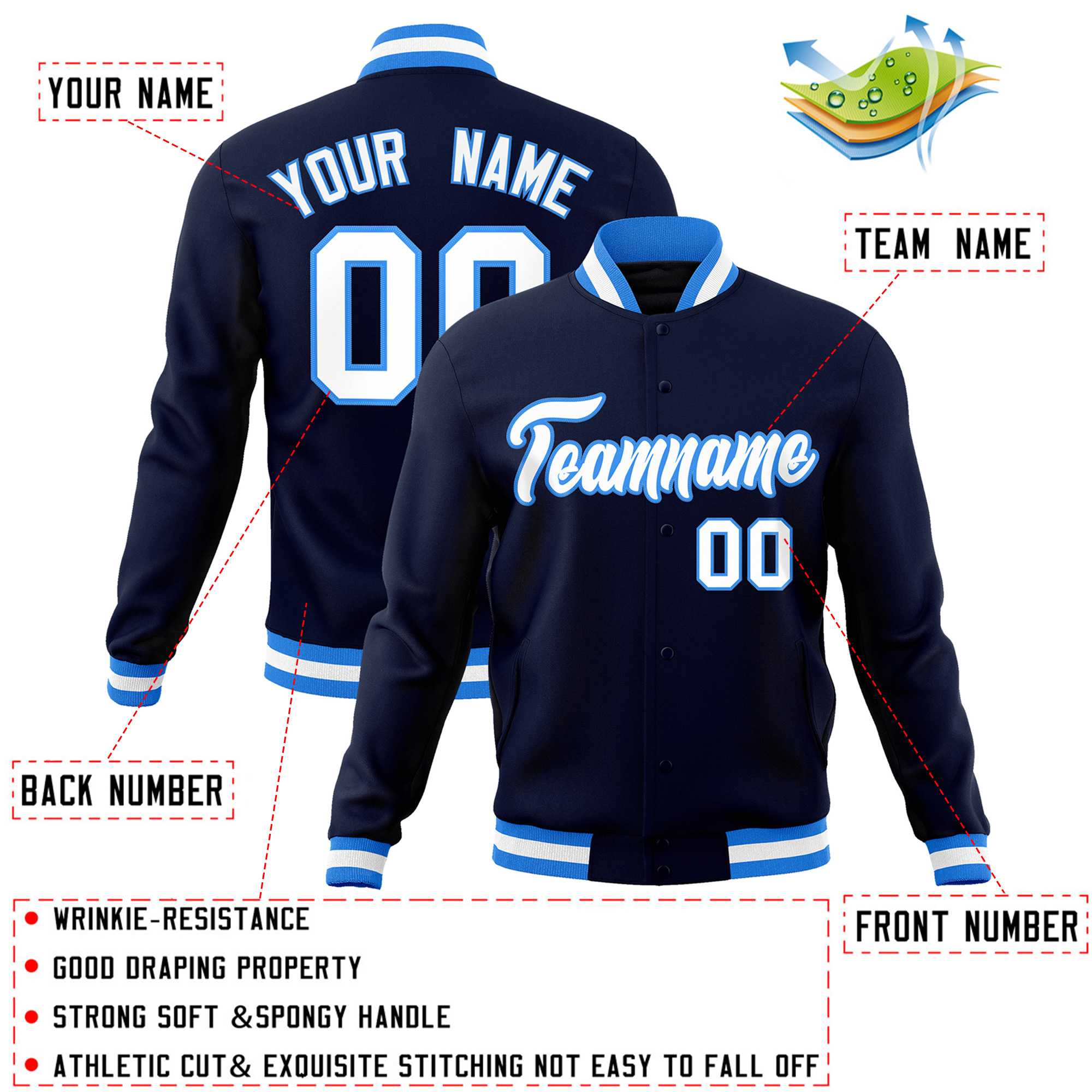 Custom Navy White-Powder Blue Classic Style Varsity Full-Snap Letterman Jacket