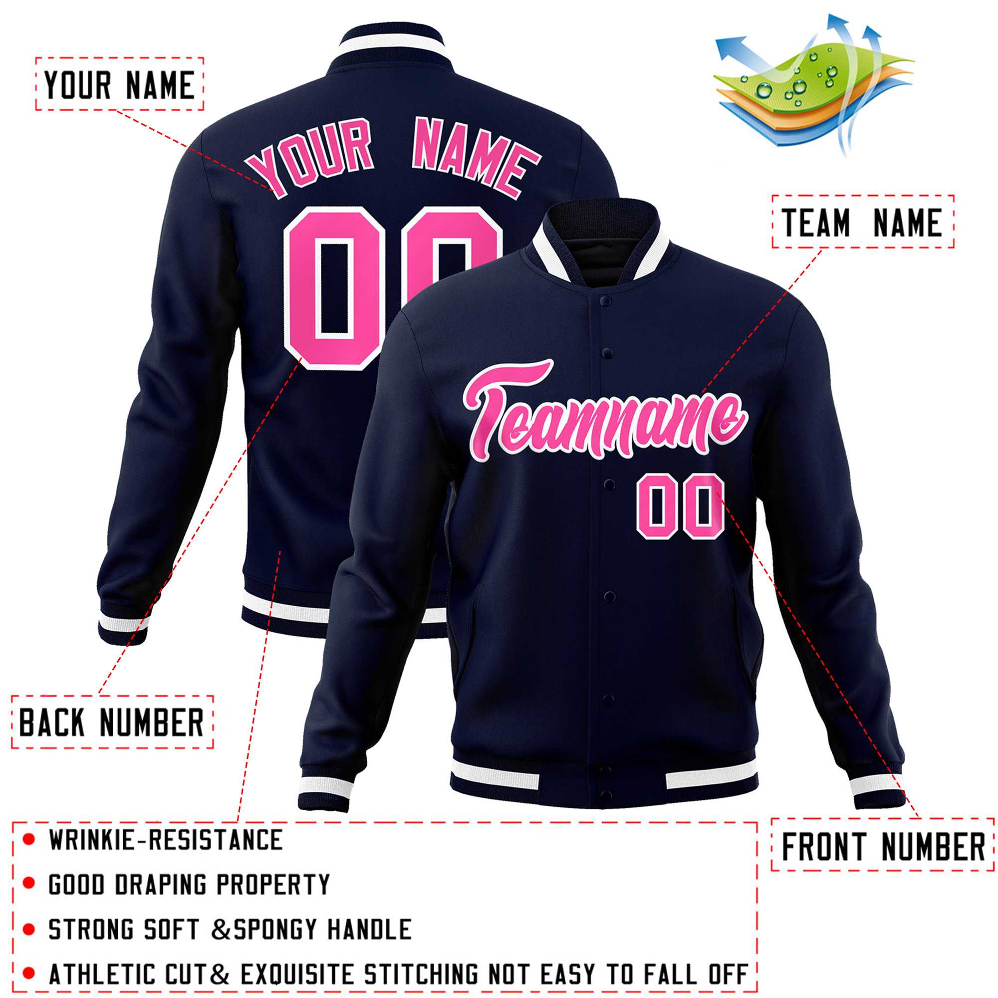 Custom Navy Pink-White Classic Style Varsity Full-Snap Letterman Jacket