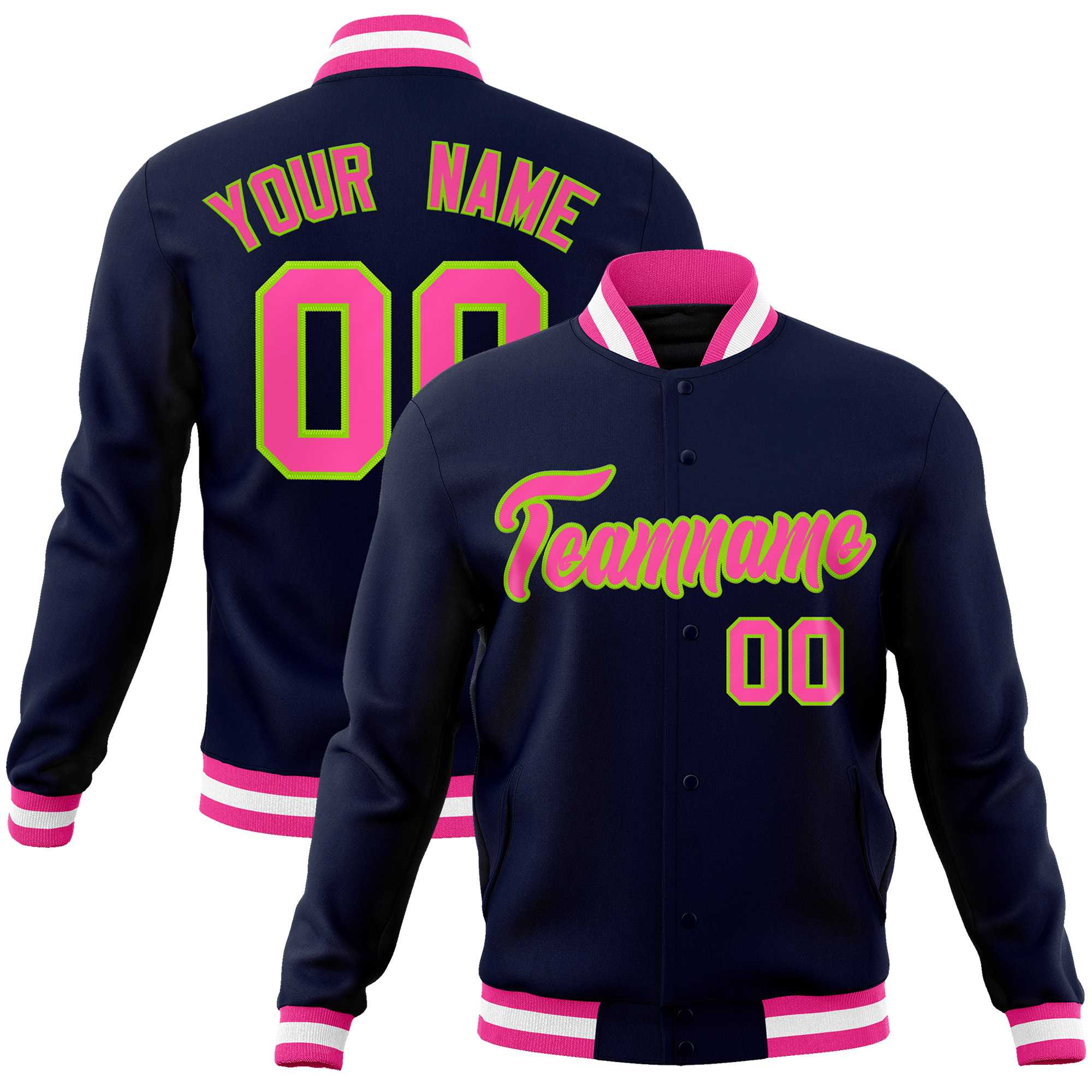 Custom Navy Pink-Neon Green Classic Style Varsity Full-Snap Letterman Jacket