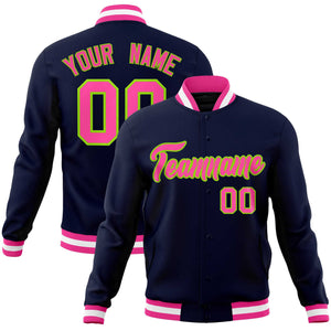 Custom Navy Pink-Neon Green Classic Style Varsity Full-Snap Letterman Jacket