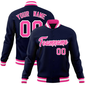 Custom Navy Pink-White Classic Style Varsity Full-Snap Letterman Jacket