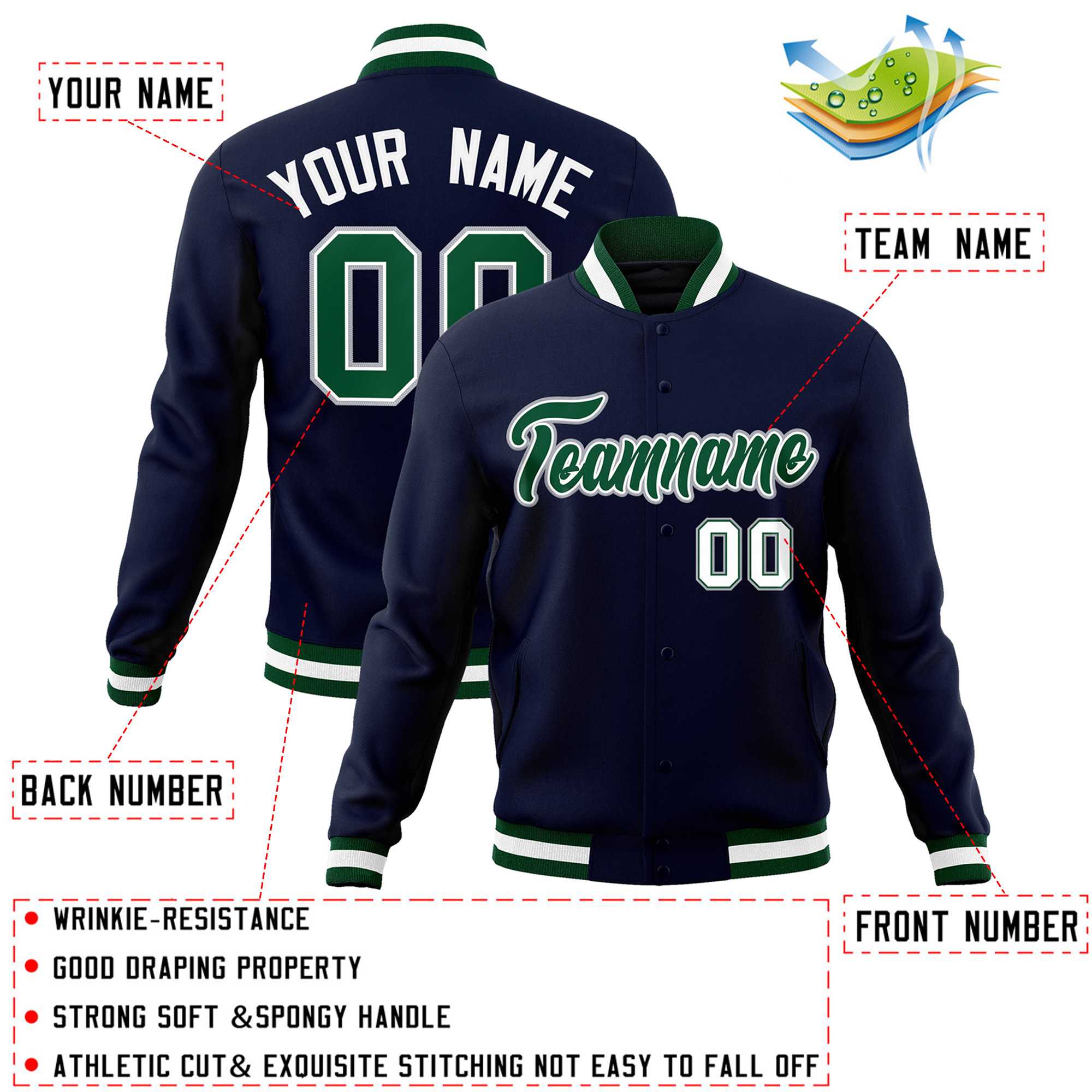 Custom Navy Green-Gray Classic Style Varsity Full-Snap Letterman Jacket