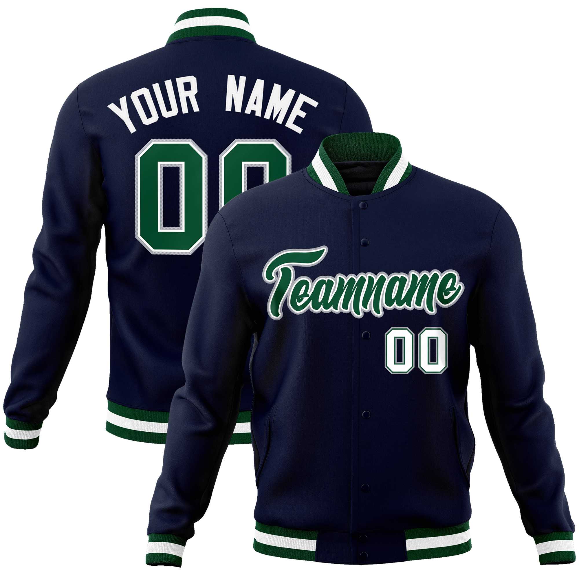 Custom Navy Green-Gray Classic Style Varsity Full-Snap Letterman Jacket