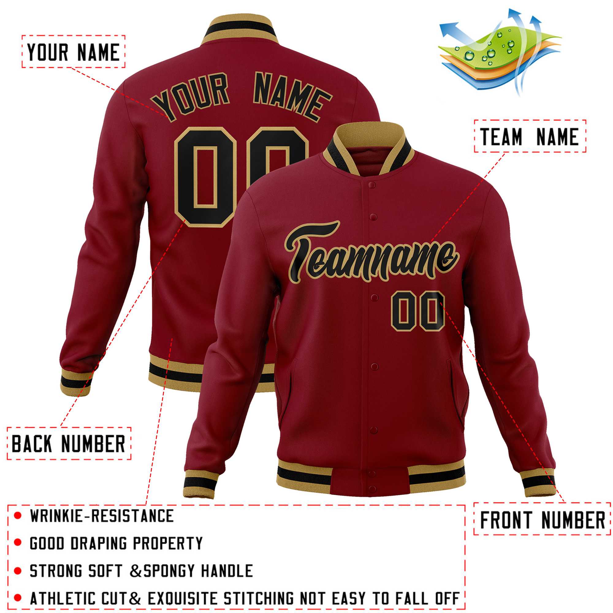 Custom Crimson Black-Old Gold Classic Style Varsity Full-Snap Letterman Jacket