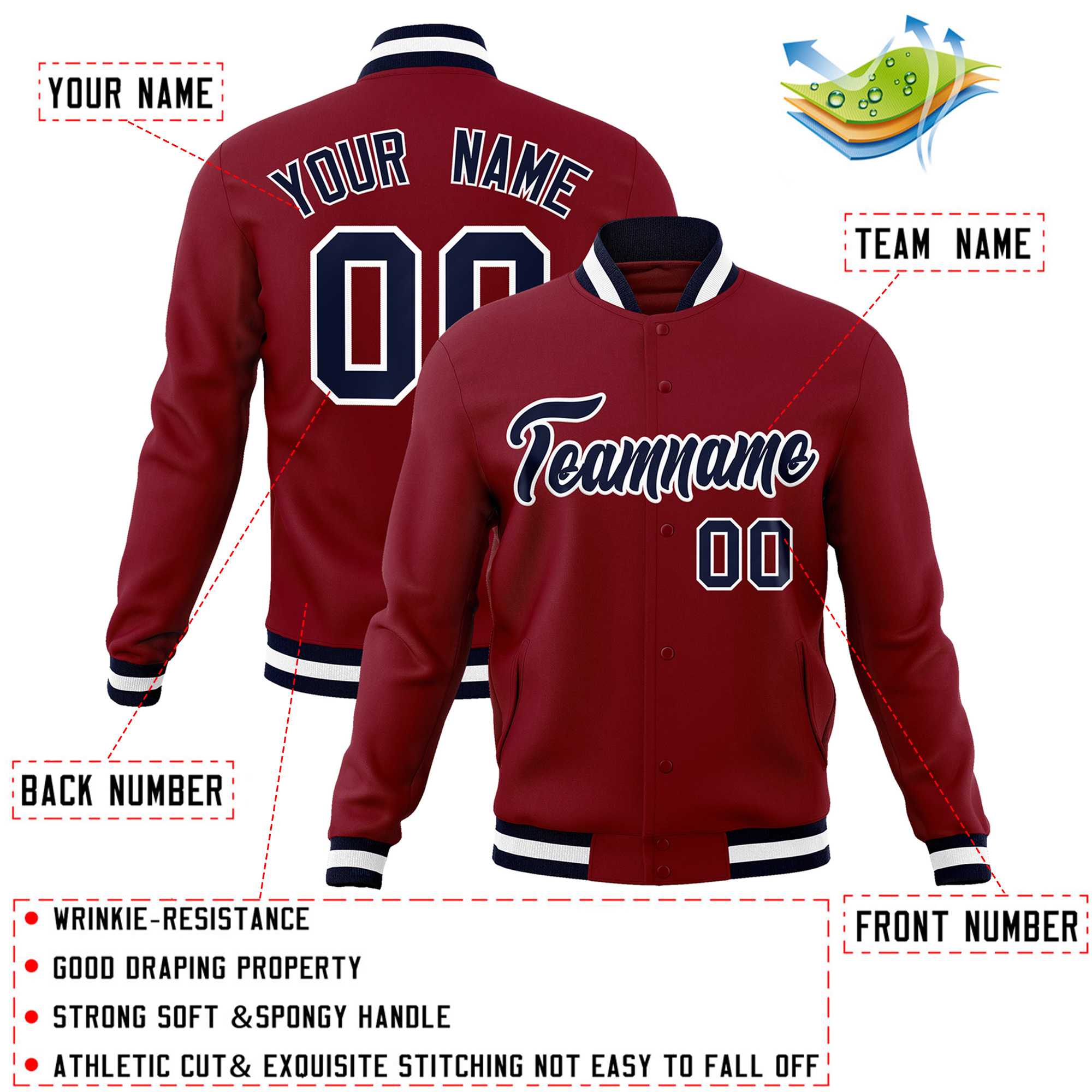 Custom Crimson Navy-White Classic Style Varsity Full-Snap Letterman Jacket