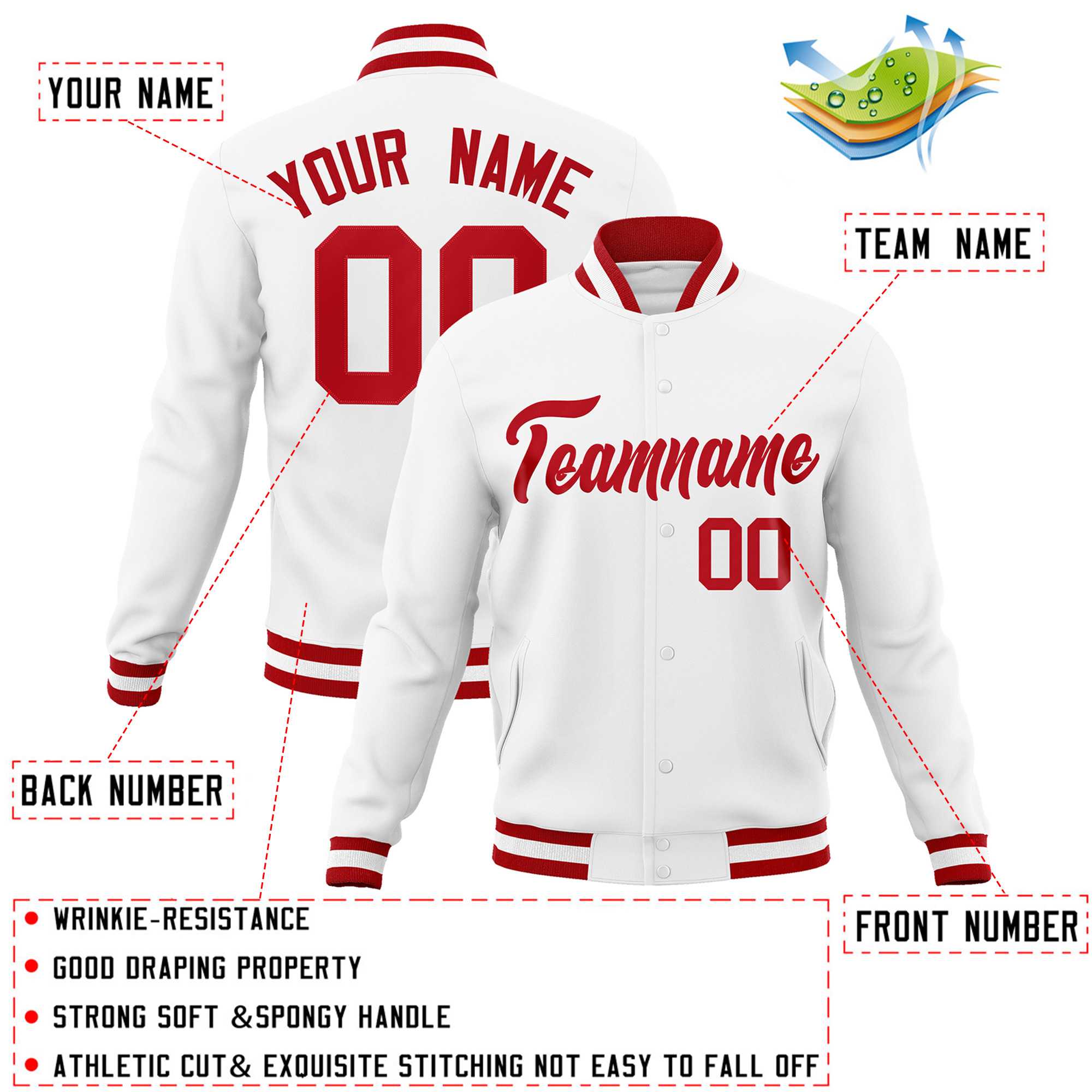 Custom White Red Classic Style Varsity Full-Snap Letterman Jacket