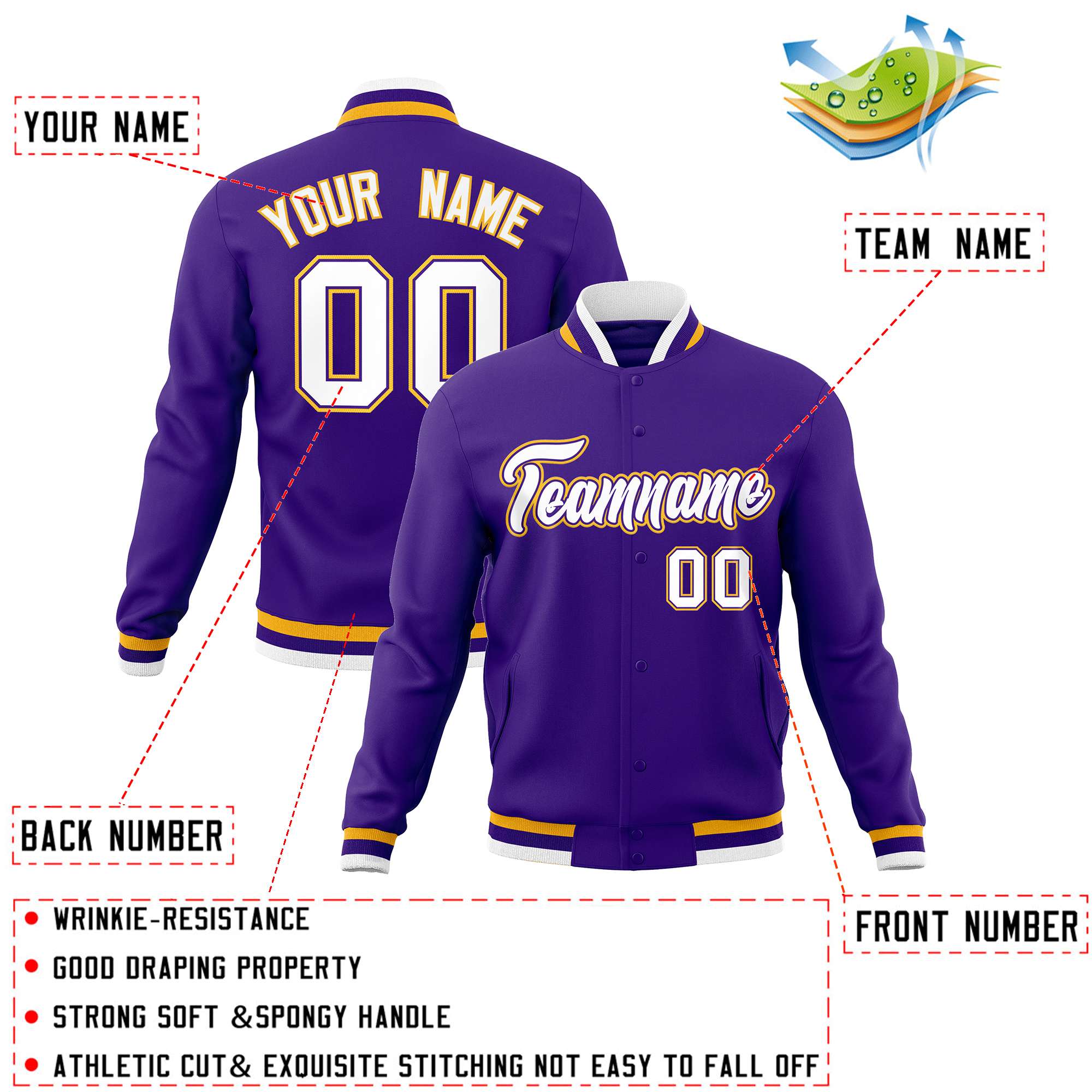 Custom Purple White-Gold Classic Style Varsity Full-Snap Letterman Jacket