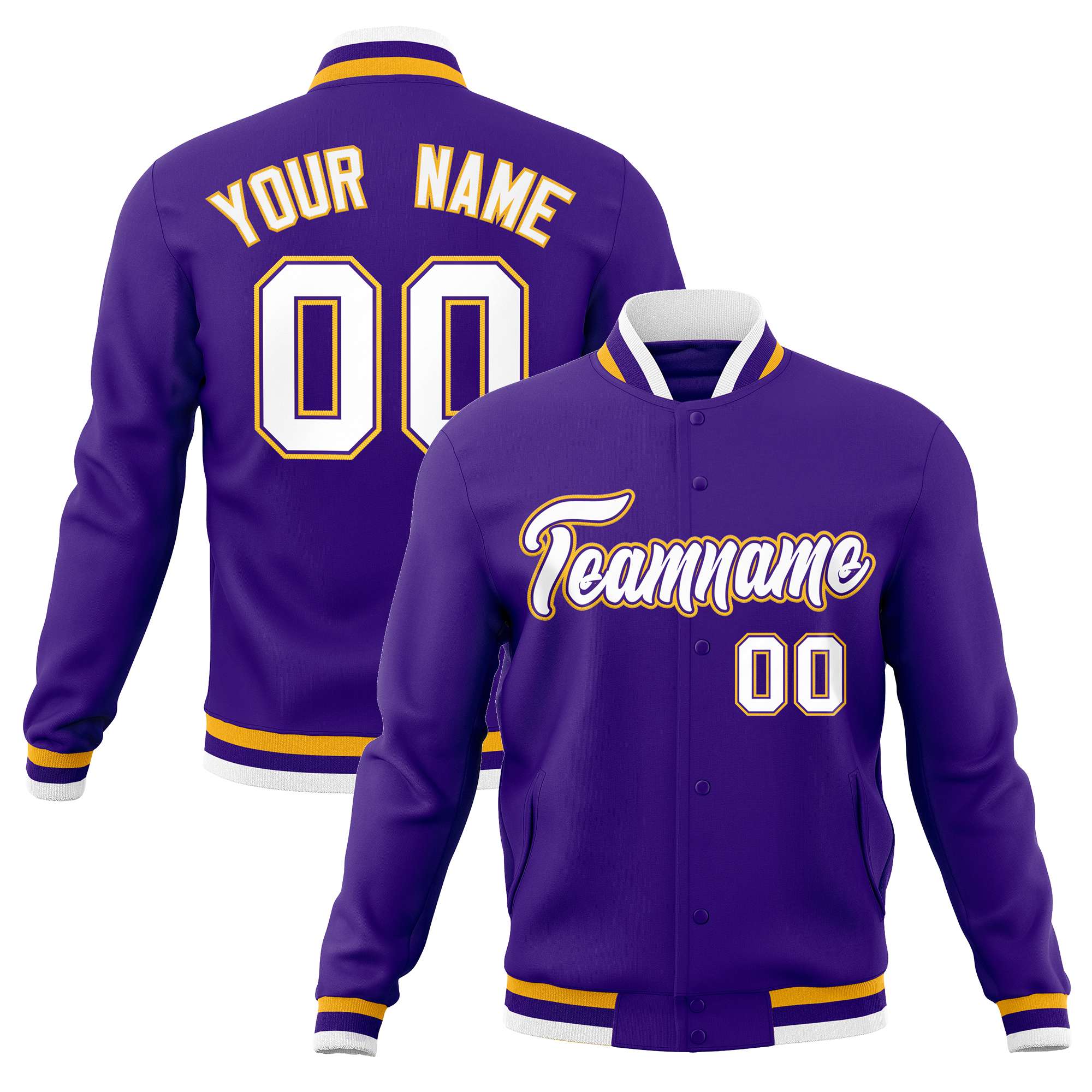 Custom Purple White-Gold Classic Style Varsity Full-Snap Letterman Jacket