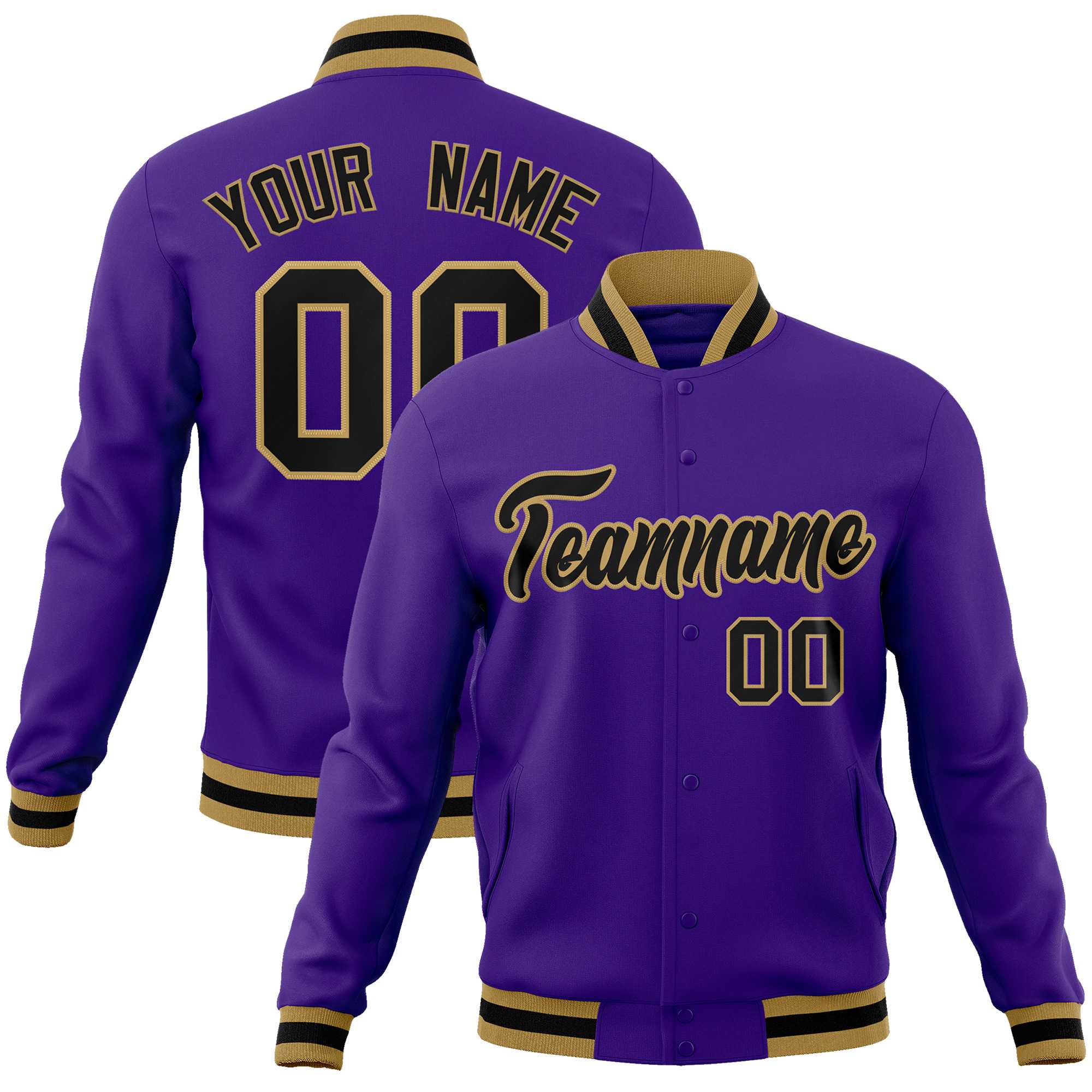 Custom Purple Black-Old Gold Classic Style Varsity Full-Snap Letterman Jacket