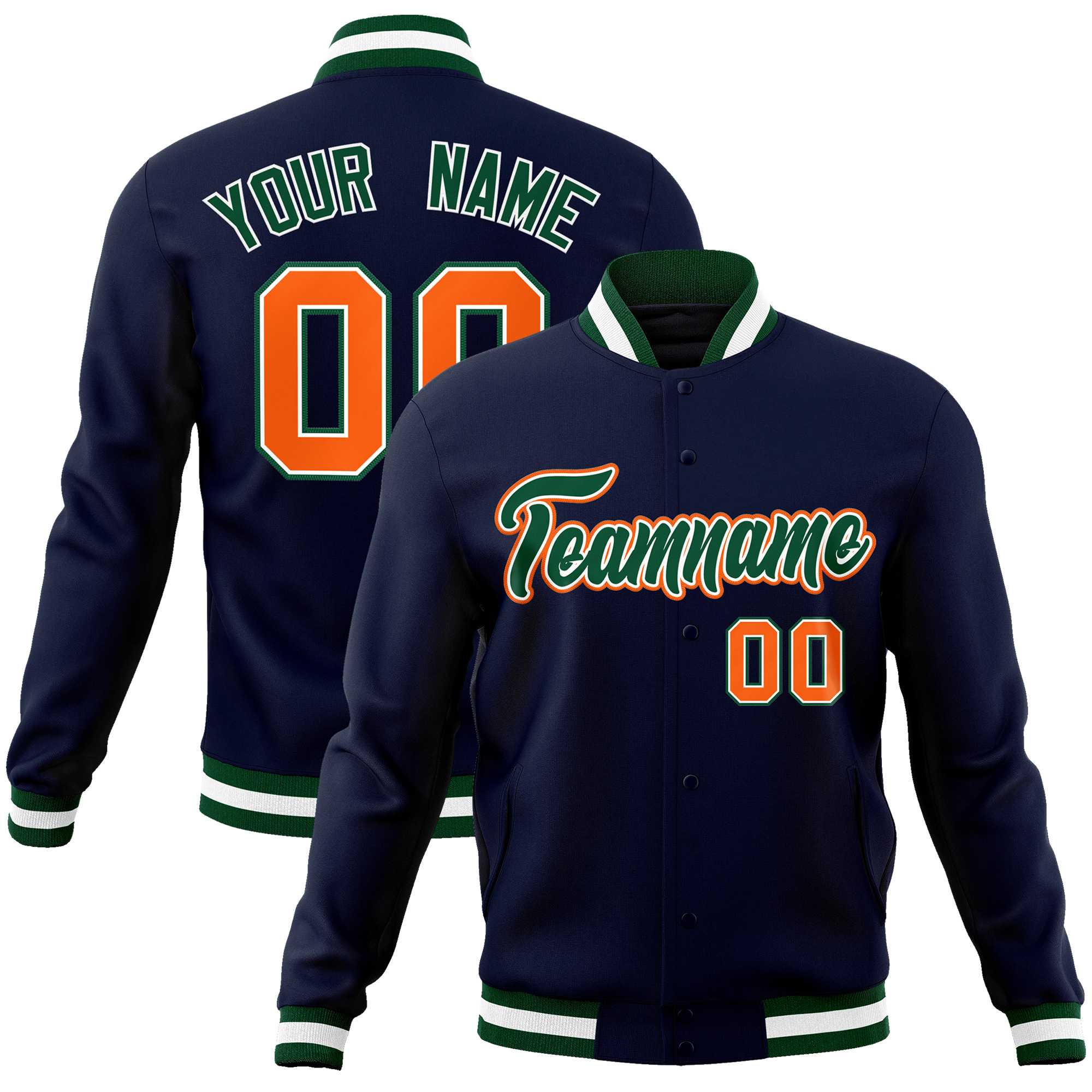 Custom Navy Green-Orange Classic Style Varsity Full-Snap Letterman Jacket