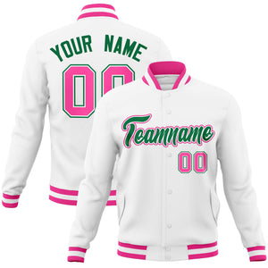 Custom White Kelly Green-Pink Classic Style Varsity Full-Snap Letterman Jacket