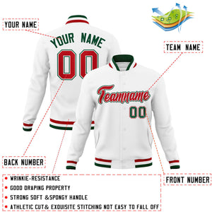 Custom White Red-Green Classic Style Varsity Full-Snap Letterman Jacket