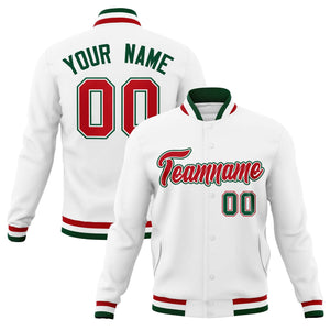 Custom White Red-Green Classic Style Varsity Full-Snap Letterman Jacket