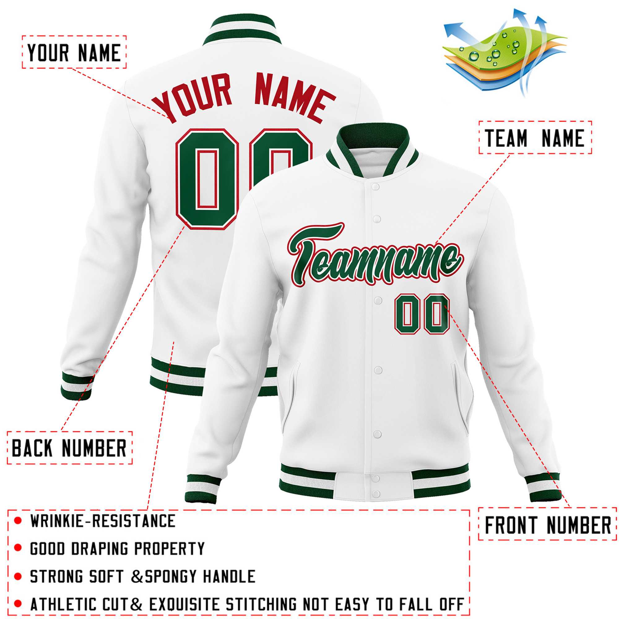 Custom White Green-Red Classic Style Varsity Full-Snap Letterman Jacket