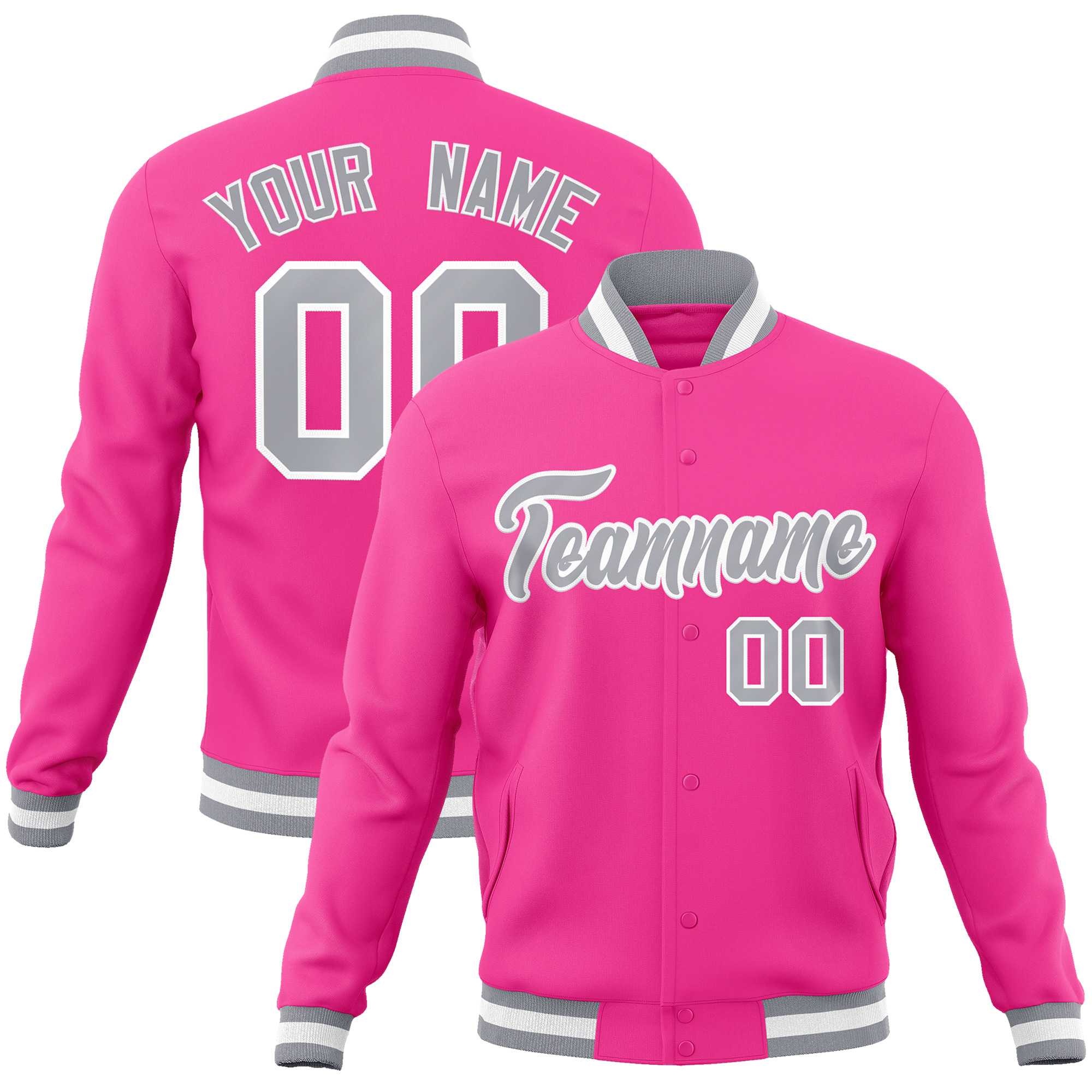 Custom Pink Gray-White Classic Style Varsity Full-Snap Letterman Jacket