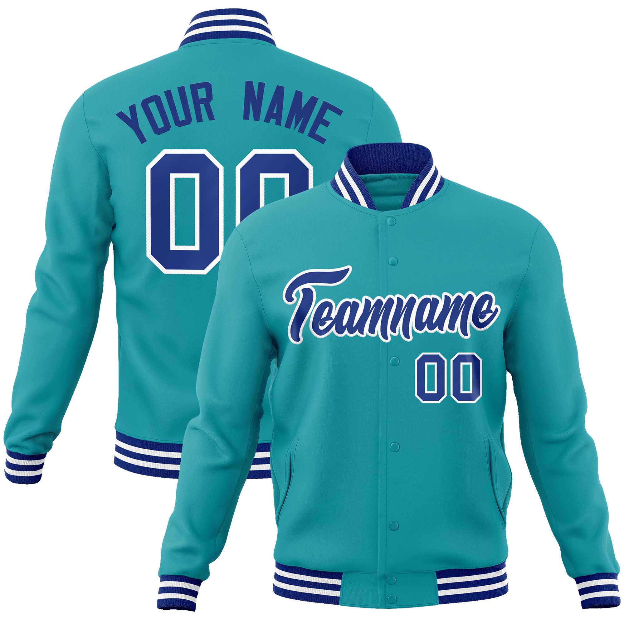 Custom Aqua Royal-White Classic Style Varsity Full-Snap Letterman Jacket