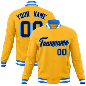 Custom Yellow Navy-Powder Blue Classic Style Varsity Full-Snap Letterman Jacket