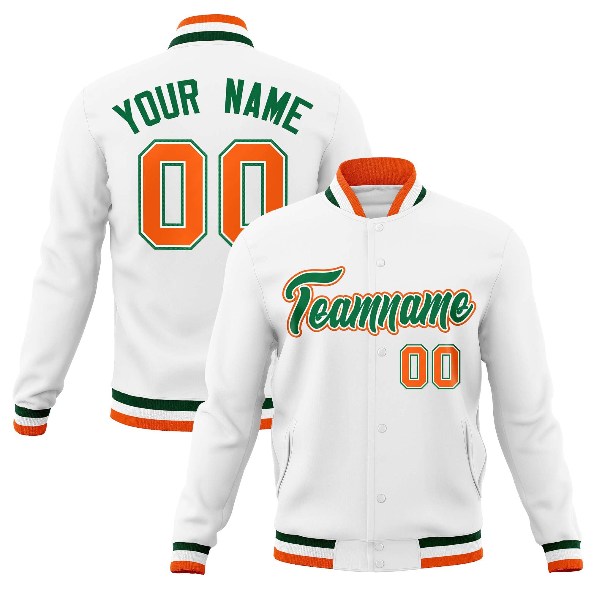 Custom White Green-Orange Classic Style Varsity Full-Snap Letterman Jacket