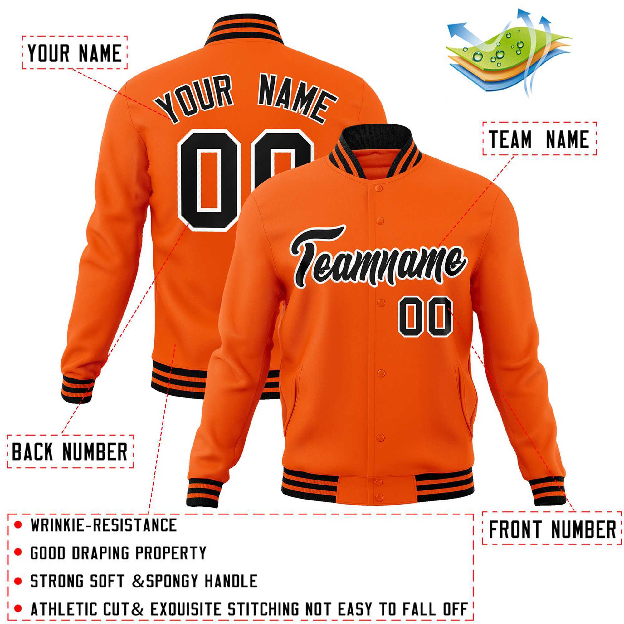 Custom Orange Black-White Classic Style Varsity Full-Snap Letterman Jacket