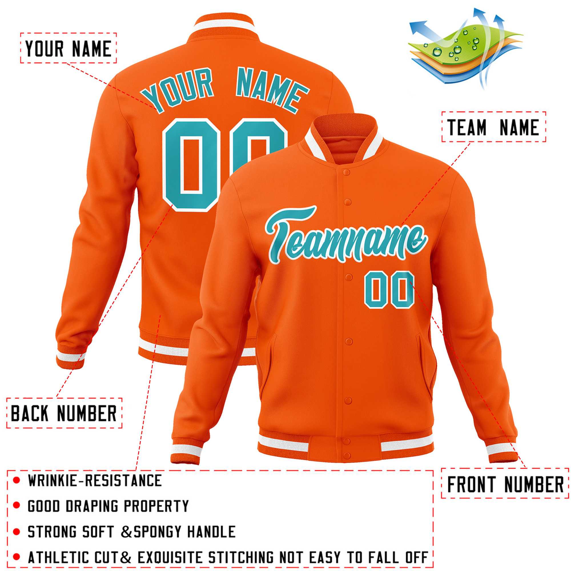 Custom Orange Aqua-White Classic Style Varsity Full-Snap Letterman Jacket