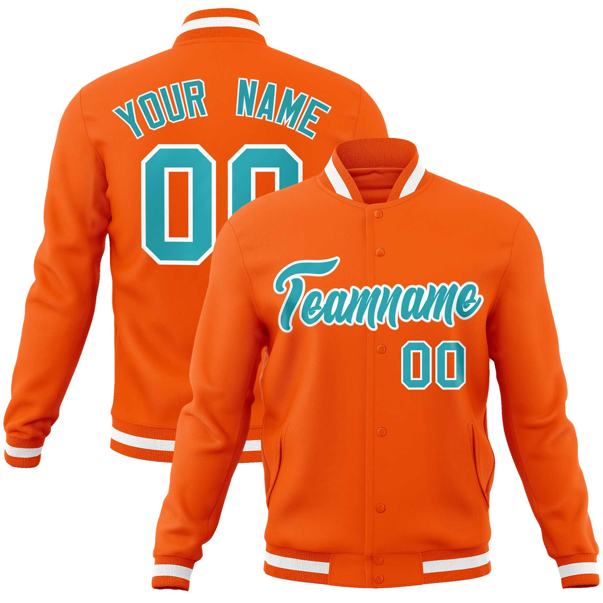 Custom Orange Aqua-White Classic Style Varsity Full-Snap Letterman Jacket